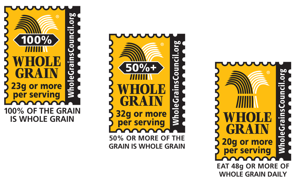 Three whole grain stamps indicating different levels of whole grain content in products.